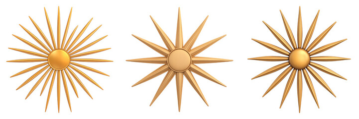Golden sunburst symbols of success with radiant spikes and central circle