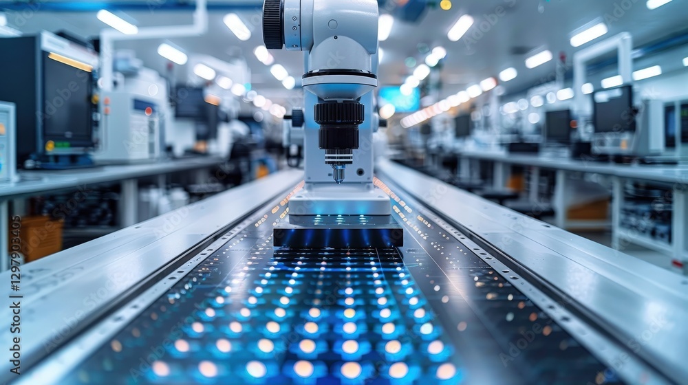 Poster high-tech automated manufacturing line, robotic arm assembling circuit boards, futuristic factory.