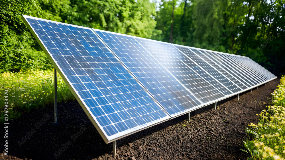 Poster solar panel array generating clean energy in field with green trees and blue sky