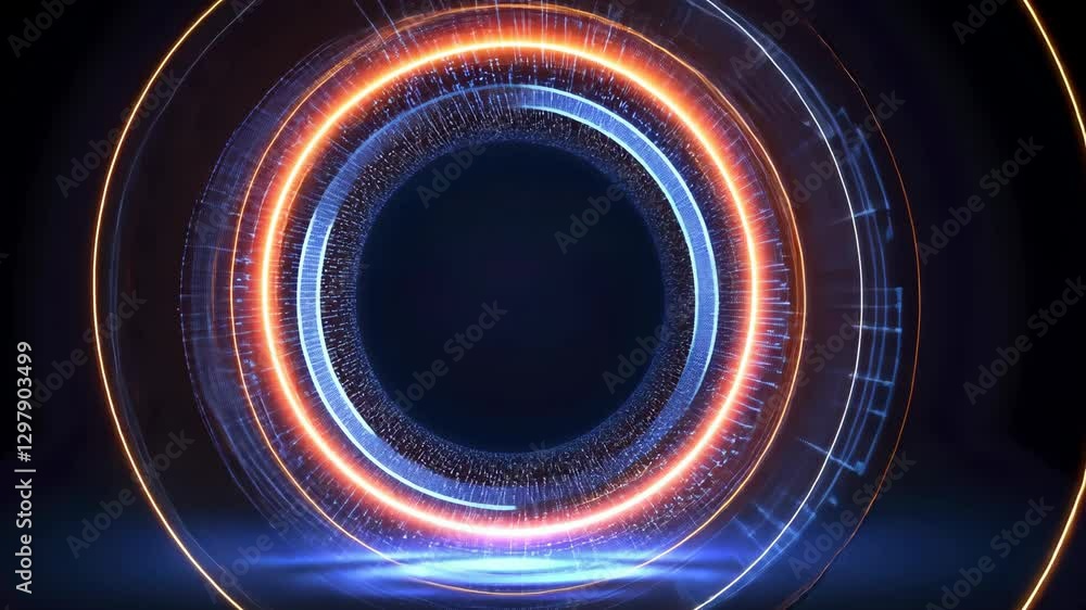 Poster glowing circular digital interface with vibrant blue and orange lights creates futuristic and dynami