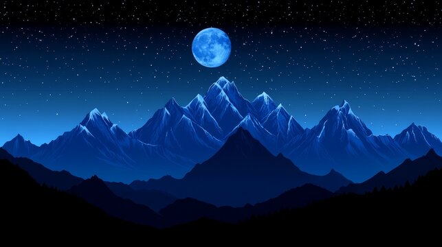 Mystical night pixel art landscape with mountains and full moon shimmering under a starlit sky backdrop serene tranquil and peaceful