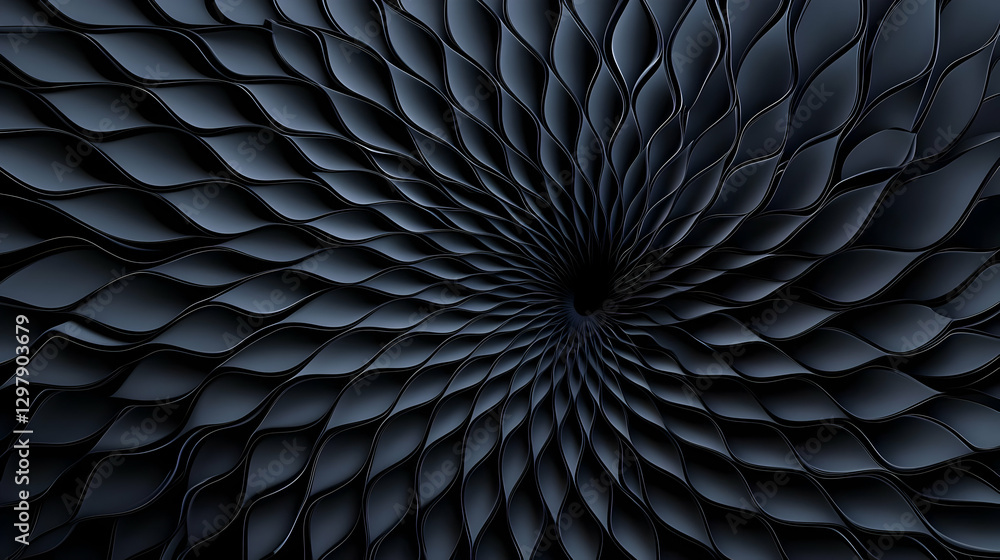 Poster abstract spiral pattern composed of repeating geometric petal shapes in shades of dark blue creating