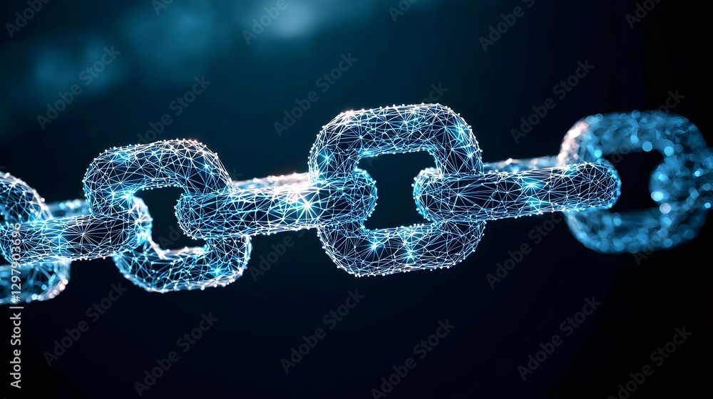 Poster close up of illuminated digital chain in blue hues representing technology network and data security