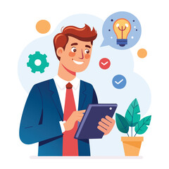 Man holding and using digital tablet computer. Tablet computer concept illustration. Vector illustration in cartoon style.