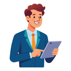 Man holding and using digital tablet computer. Tablet computer concept illustration. Vector illustration in cartoon style.