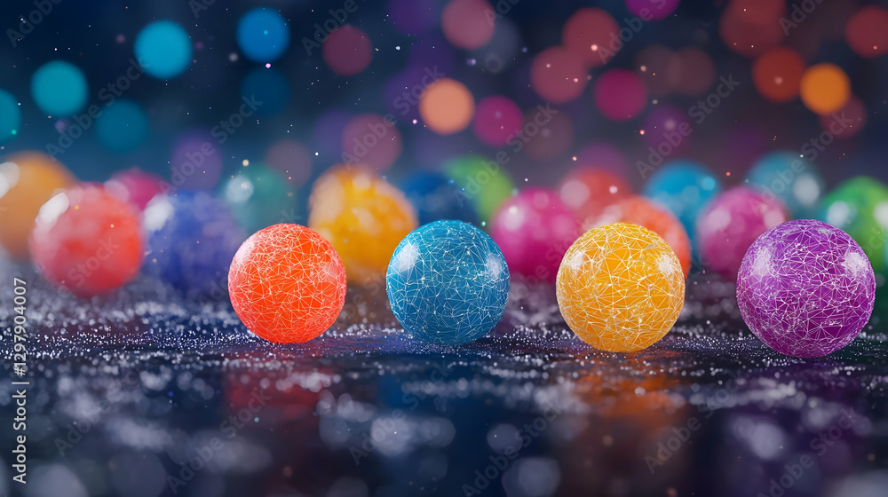 Poster row of colorful glittering spheres on dark surface with bokeh lights in background