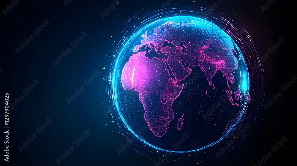Poster glowing digital globe depicting global network connections and data transmission over dark backgroun