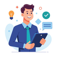 Man holding and using digital tablet computer. Tablet computer concept illustration. Vector illustration in cartoon style.