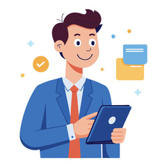 Man holding and using digital tablet computer. Tablet computer concept illustration. Vector illustration in cartoon style.