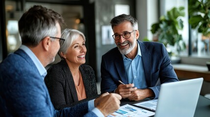 Retirement planning finance advisors guide. Business professionals collaborating in a modern office setting.