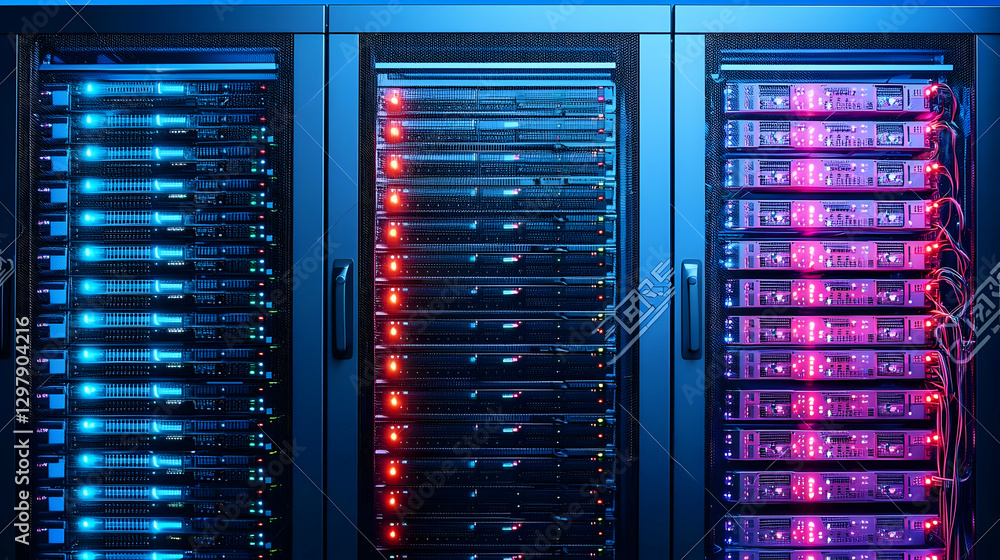 Poster Blue And Red Illuminated Server Racks In Dark Room Representing Data Storage And Network Technology