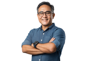 Portrait of a happy man with dark hair and glasses, wearing a blue shirt, in a crossed-arms pose, with an Apple Watch on his wrist, in a transparent background PNG