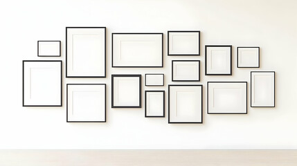 Arrangement Of Various Black Framed Empty White Picture Frames On White Wall