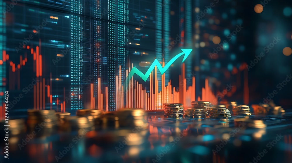 Poster digital financial growth with upward arrow and coins, a digital representation of financial growth w