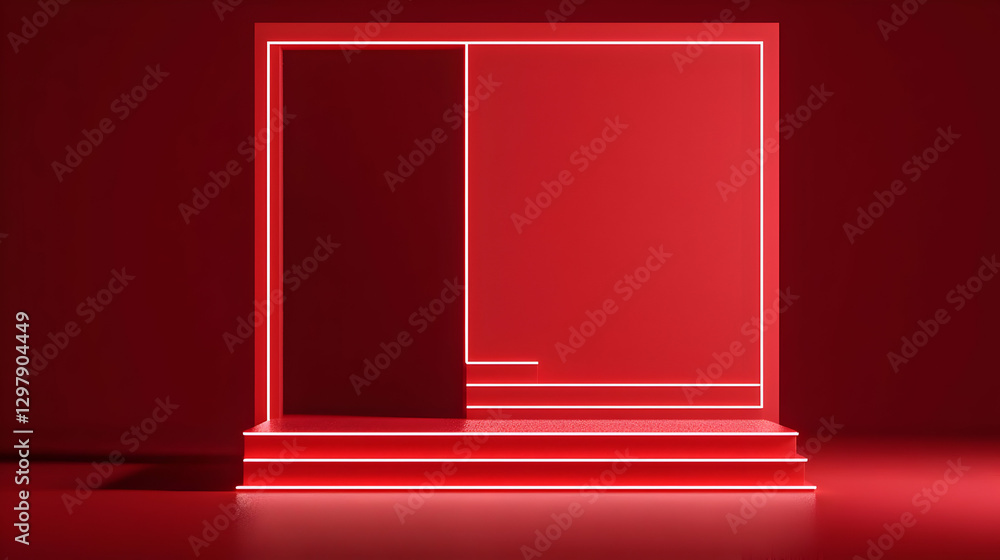 Poster red neon geometric stage with bright illumination and modern abstract design in studio background