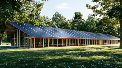 Obraz premium Modern sustainable pavilion in a forest setting, sunlight on solar panels