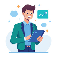 Man holding and using digital tablet computer. Tablet computer concept illustration. Vector illustration in cartoon style.