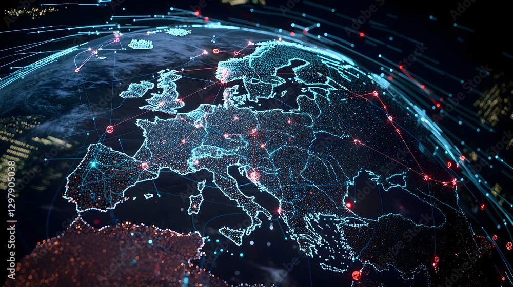 Poster digital globe depicting network connections and data flow with blue lines in dark space