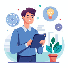 Man holding and using digital tablet computer. Tablet computer concept illustration. Vector illustration in cartoon style.
