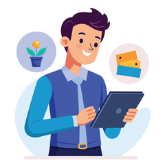 Man holding and using digital tablet computer. Tablet computer concept illustration. Vector illustration in cartoon style.