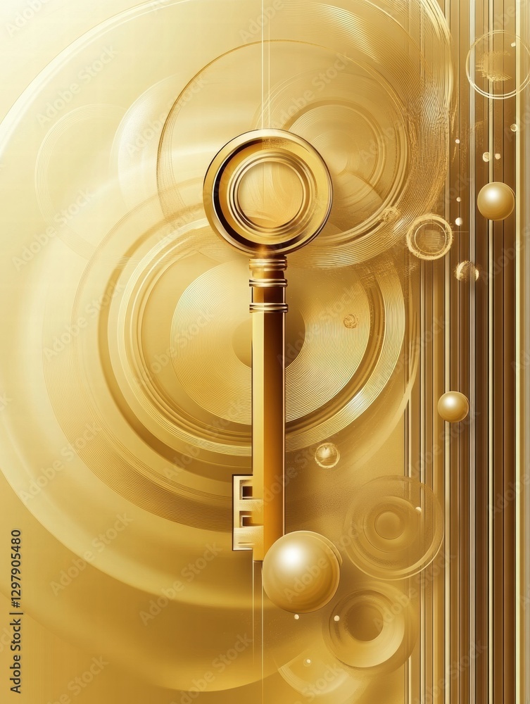 Poster Golden key with circular designs and gradients creating a vibrant and elegant background effect. Generative AI