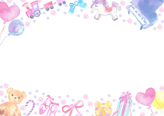 水彩風のかわいいベビー向けフレーム　おもちゃ・プレゼント・風船