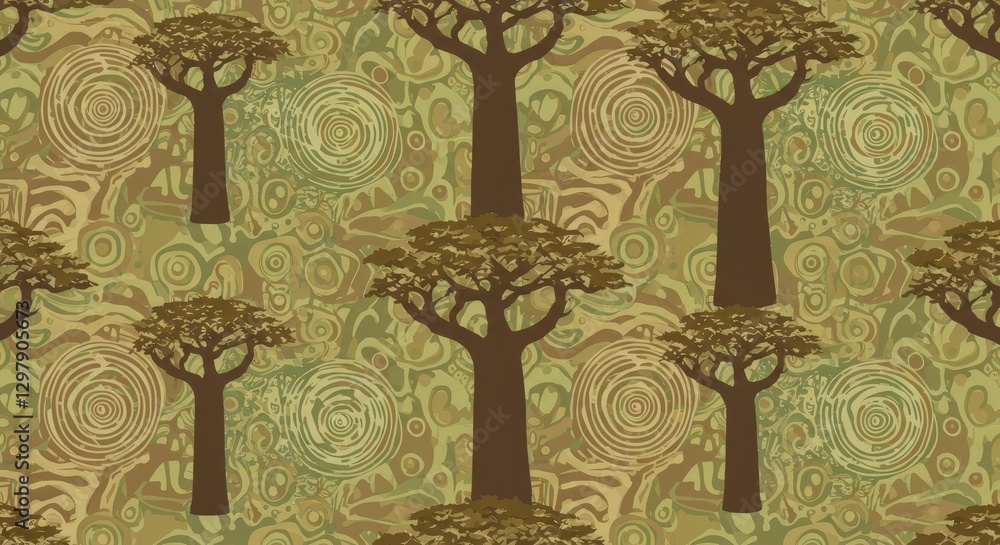 Poster timeless forest pattern: a repeated pattern of stylized, brown baobab trees set against an abstract,