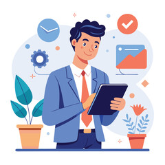 Man holding and using digital tablet computer. Tablet computer concept illustration. Vector illustration in cartoon style.