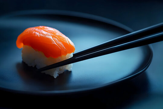 Elegant nigiri salmon sushi close-up with chopsticks on a dark plate - Powered by Adobe
