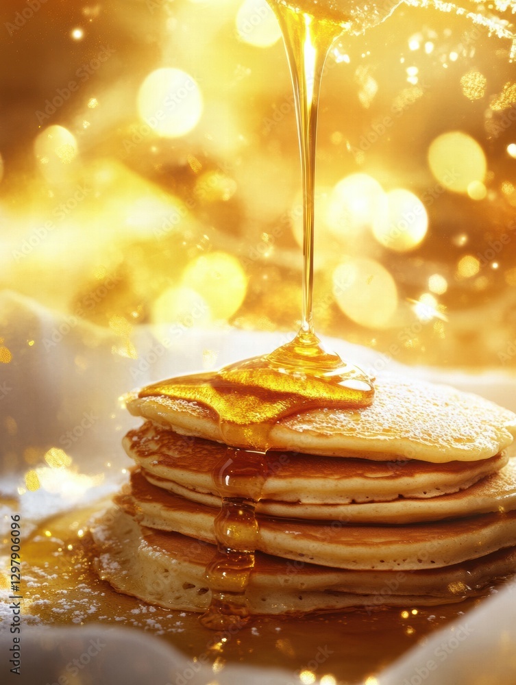 Poster delicious pancakes topped with melting butter and drizzled with golden syrup in a warm, inviting set