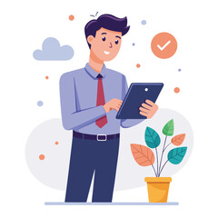 Man holding and using digital tablet computer. Tablet computer concept illustration. Vector illustration in cartoon style.