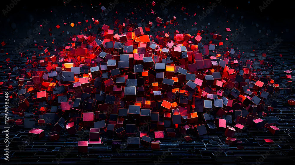 Poster abstract digital cube explosion with red and blue hues on black background