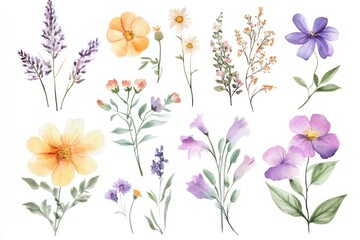 Watercolor floral collection with various flowers and plants.