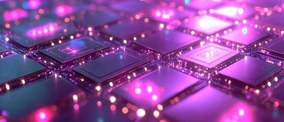 Technology Background of Futuristic Glowing Microchip Grid with Neon Purple and Pink Light