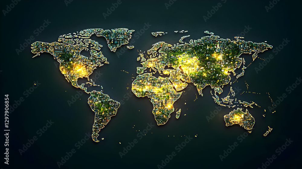 Poster illuminated world map with green and yellow pixels on a dark background