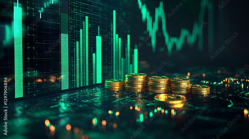 Poster digital financial growth with upward arrow and coins, a digital representation of financial growth w