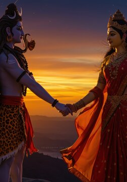 Divine couple holding hands during sunset, symbolizing love and unity against a scenic backdrop - shiv parvati