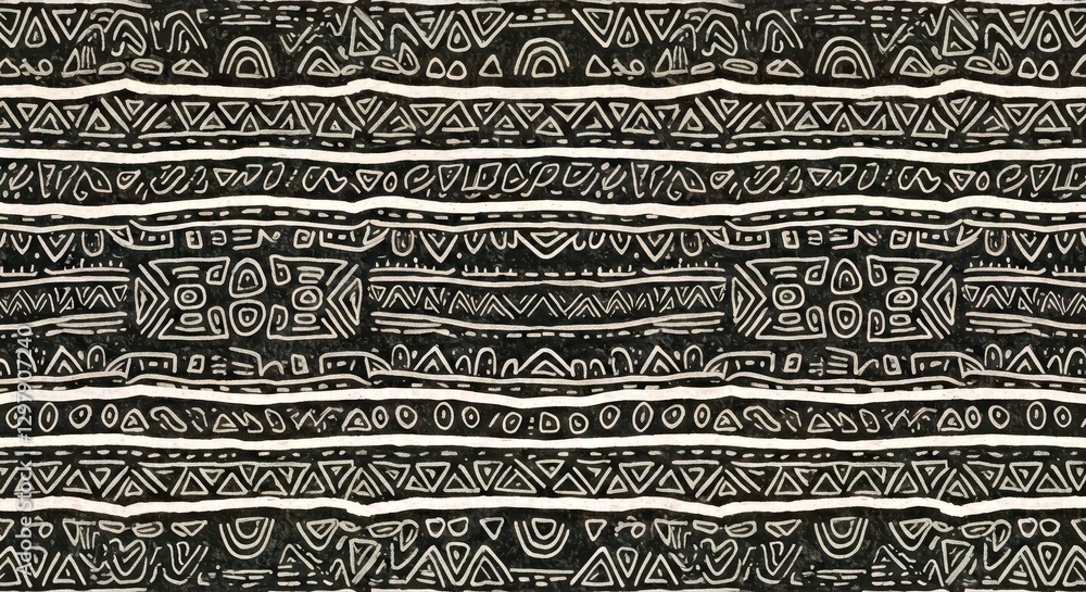 Poster mud cloth-inspired texture with hand-drawn abstract patterns of dots, lines, and triangles in a mono