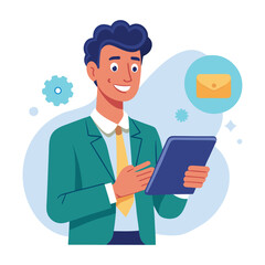 Man holding and using digital tablet computer. Tablet computer concept illustration. Vector illustration in cartoon style.