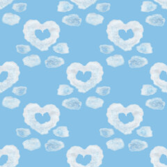 Seamless pattern of heart shaped clouds. Background of watercolor clouds on a blue sky.
