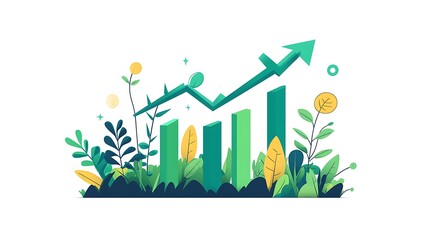 Green Growth and Progress in Nature, A green arrow graph rising from lush green plants, symbolizing growth and progress in nature