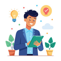 Man holding and using digital tablet computer. Tablet computer concept illustration. Vector illustration in cartoon style.