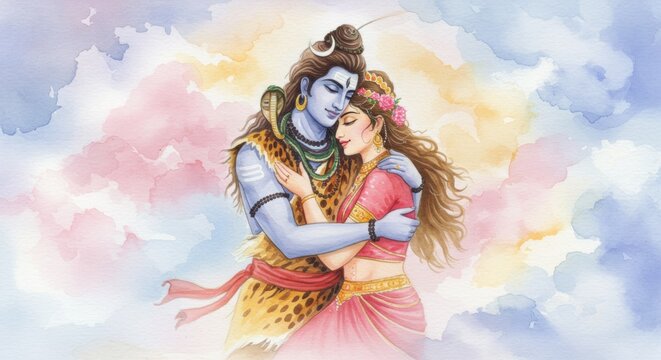 A serene watercolor illustration of shiva parvati embracing, surrounded by a soft pastel background - shiv parvati
