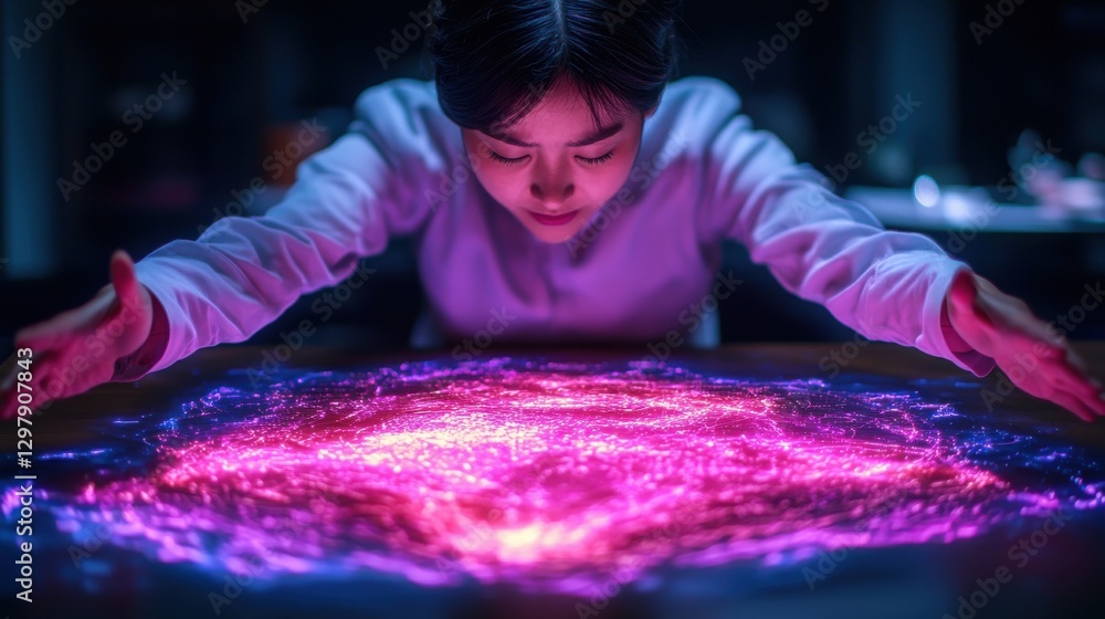Poster creative problem solving concept. brainstorming around glowing futuristic table in cosmic galaxy set
