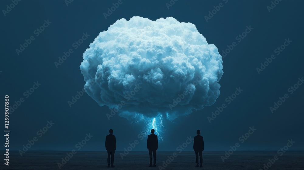 Poster creative problem solving concept. brainstorming session visualized as a dramatic storm cloud
