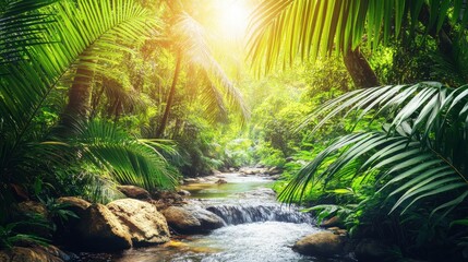 Naklejka premium Tropical River in Lush Green Landscape with Sunlight