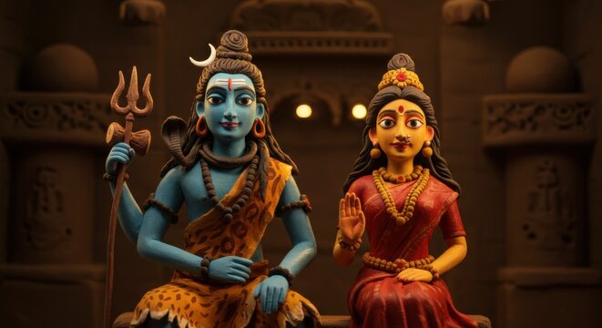 Intricate clay sculptures of deities Shiva and Parvati seated in a temple setting, illuminated softly - shiv parvati