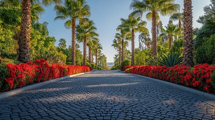 Palm-lined driveway, vibrant flowers, resort entrance