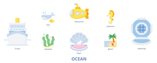 Fototapeta premium Ocean Banner Flat Web Icon Set Vector Illustration, Seaweed Cruise Fish Pearl Submarine Seahorse Aqualung Beach