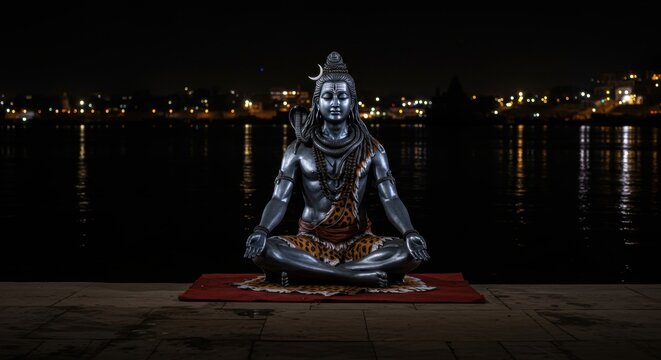 Serene statue of a meditating shiva by the river at night, illuminated by city lights in the background - shiv parvati
